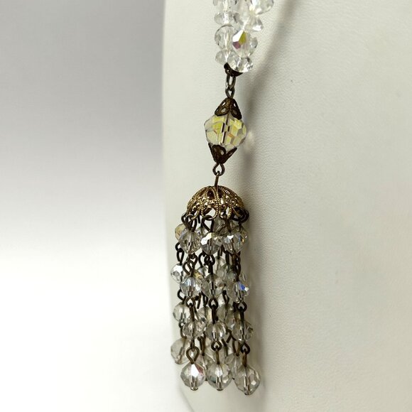 Vintage Aurora Borealis Crystal Tassel Necklace 26” Filigree Midcentury Cocktail - Picture 9 of 16
